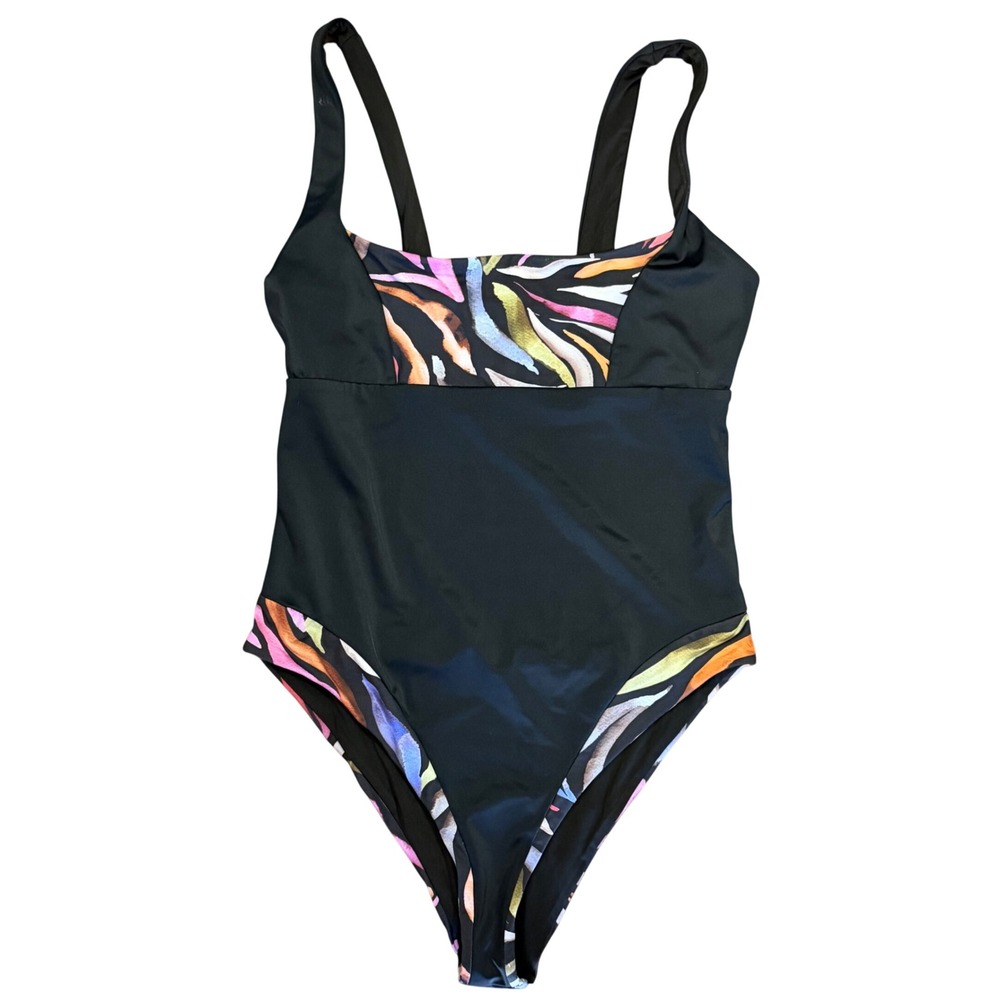 Beach Riot Black Multicolor‎ Zebra Print One Piece Swimsuit Size M High Cut
